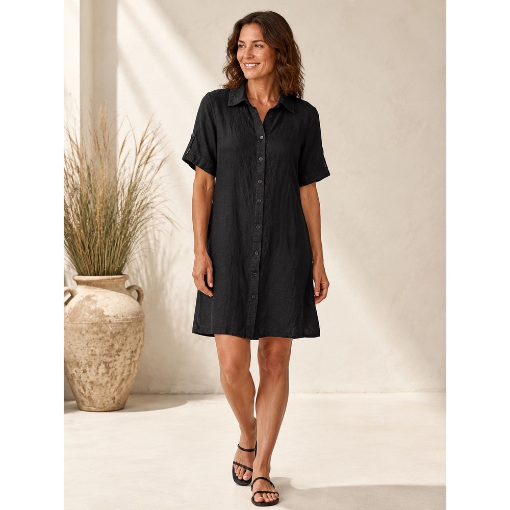 FLAX Black 100% Linen Button Front Shirt Dress Petite Lagenlook 37"